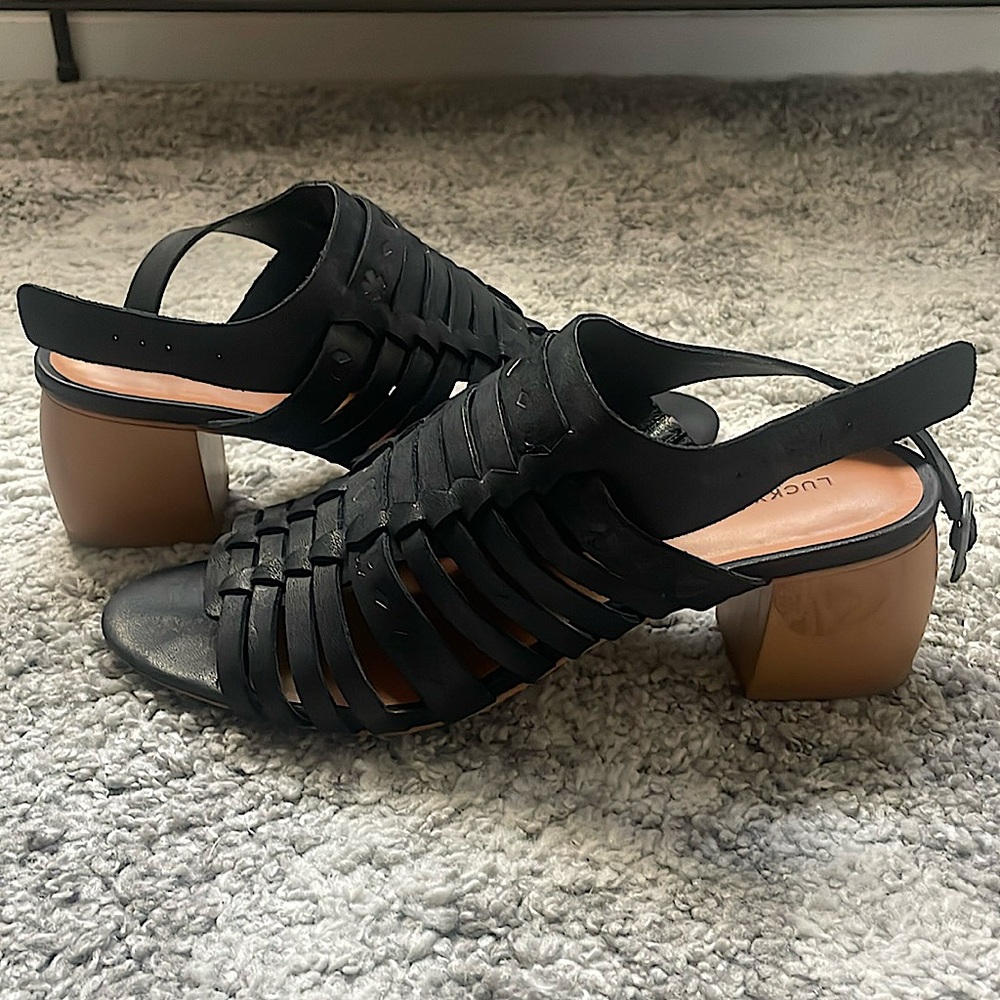 Black leather 3” heel sandals